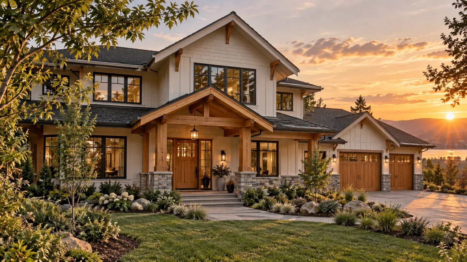 Modern timber-accented home in warm evening light